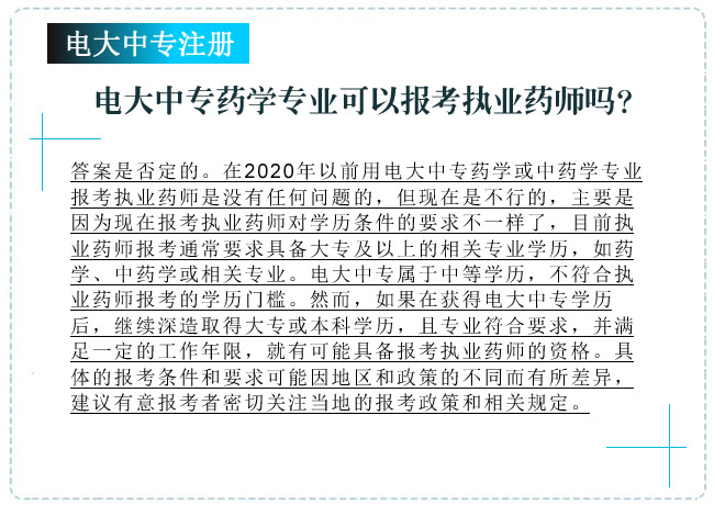 電大中專藥學專業可以用于報考執業藥師嗎？